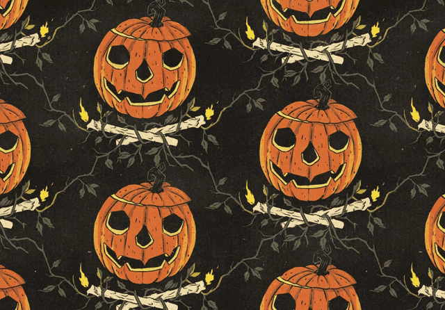 a seamless pattern of pumpkins with faces on them on a black background