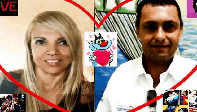 a man and a woman are standing next to each other in front of a heart . the woman is holding a heart .