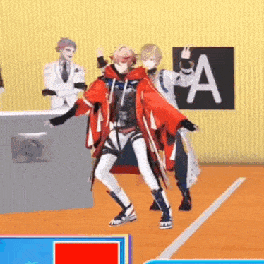 a group of anime characters are dancing on a basketball court in front of a yellow wall .