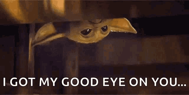 a baby yoda is peeking out from under a wall and saying `` i got my good eye on you ... '' .
