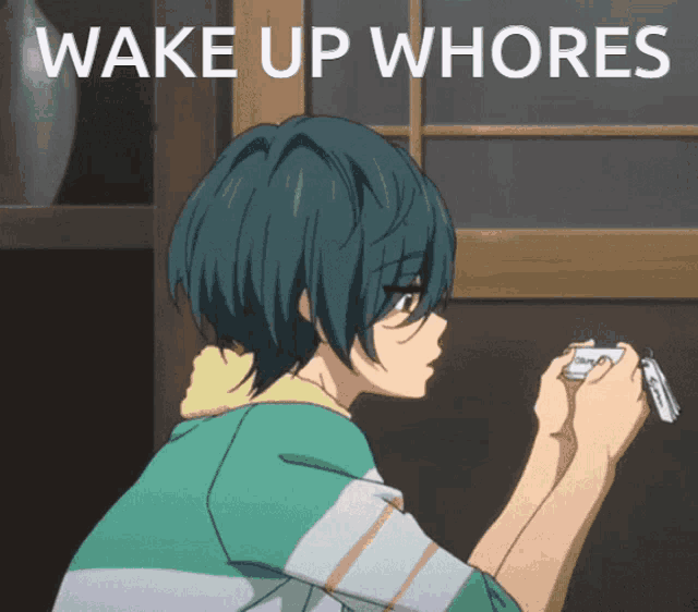 a picture of a person with the words wake up whores written on it