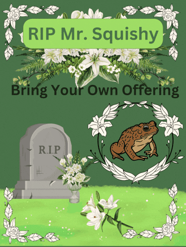 rip mr. squishy bring your own offering with a gravestone and frog
