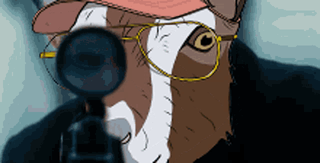 a cartoon of a horse wearing glasses and a hat holding a magnifying glass