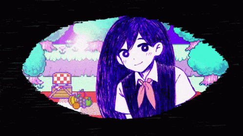 a drawing of a girl with purple hair and a pink tie