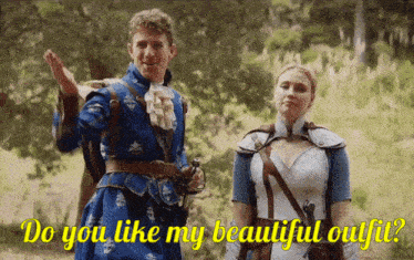 a man and a woman are standing next to each other and the woman is asking the man if he likes her beautiful outfit