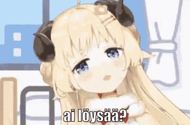 a cute anime girl with horns and the words ai loysaa ?