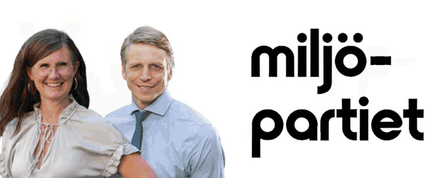 a man and a woman are standing next to each other in front of a sign that says " miljo-partiet "