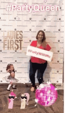 a woman holding a sign that says partyqueen