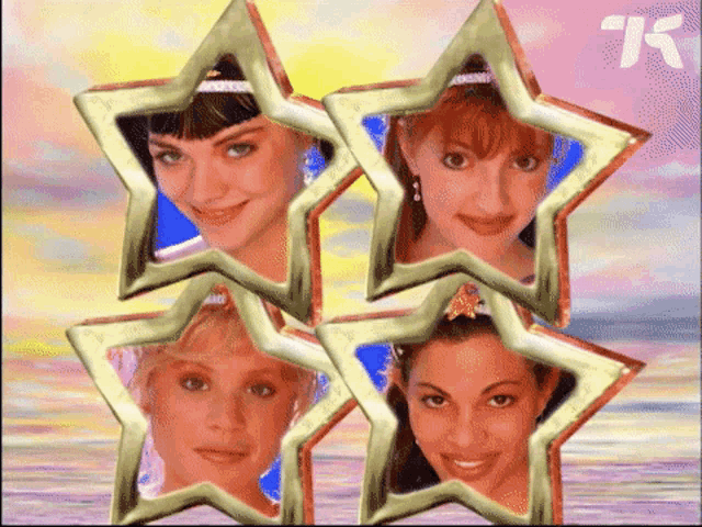 four women in star shaped frames with the letters tk in the corner