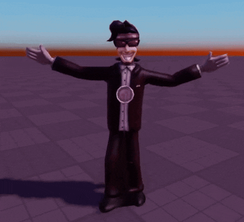 a cartoon character in a tuxedo with his arms outstretched and a medal around his neck