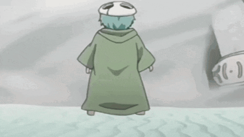 a cartoon character wearing a green robe and a skull mask