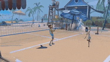 a couple of people playing volleyball on the beach