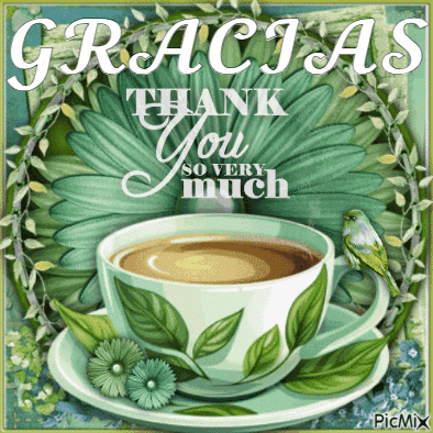 a cup of coffee on a saucer with the words gracias thank you so very much on it