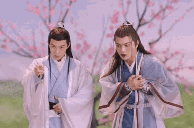 two men in traditional chinese costumes are standing next to each other in front of a cherry blossom tree .