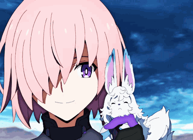 a girl with pink hair and purple eyes is holding a white rabbit