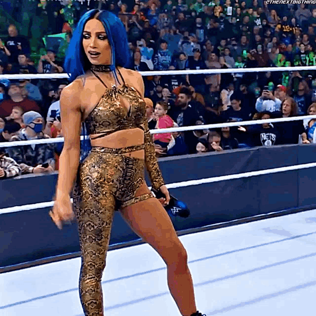 a woman with blue hair is standing in a wrestling ring with a crowd behind her