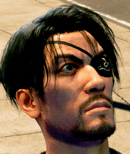 a close up of a man 's face with an eye patch and a beard