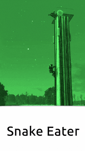 a poster for snake eater shows a man climbing a very tall tower