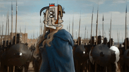 a woman with a crown on her head is standing in front of a row of soldiers