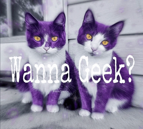 two purple and white cats sitting next to each other with the words " wanna geek " written above them