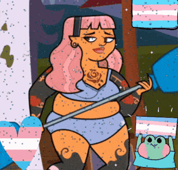 a cartoon drawing of a woman holding a sword and a frog holding a transgender flag