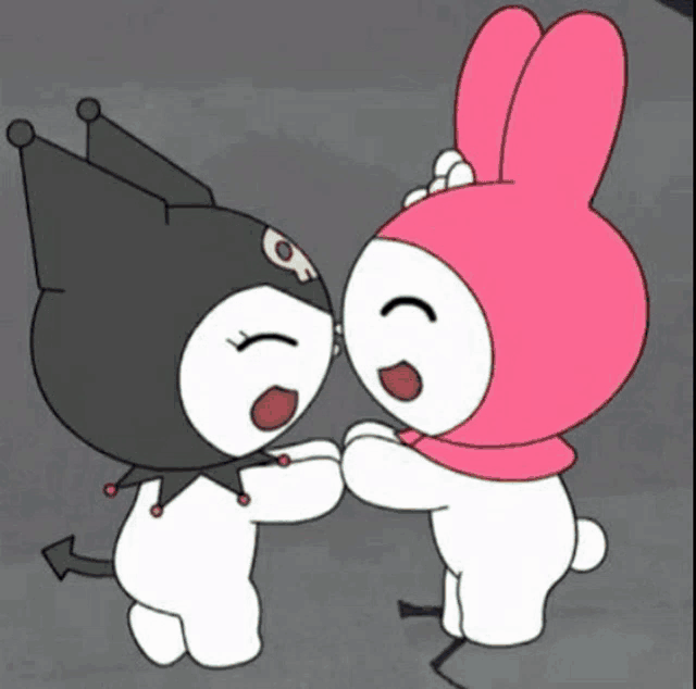 a black and white cartoon character standing next to a pink bunny