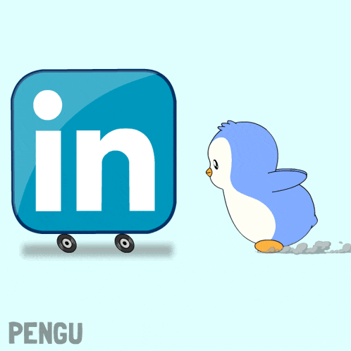 a blue linkedin logo with a penguin on wheels
