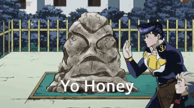 a cartoon of a man standing next to a large rock that says yo honey on it