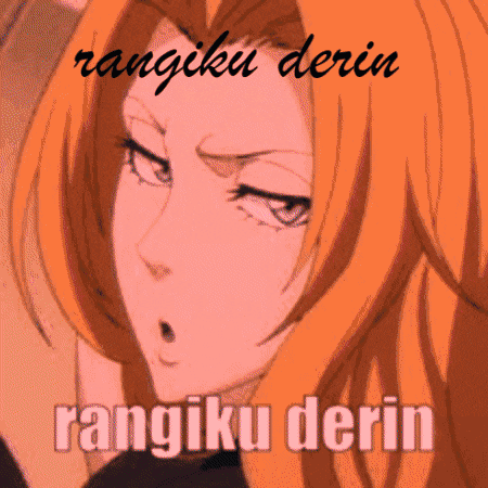 a picture of a girl with orange hair and the words " rangiku derin " above her