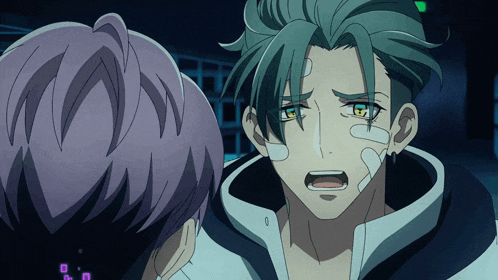 a man with a bandage on his face is talking to another man with purple hair