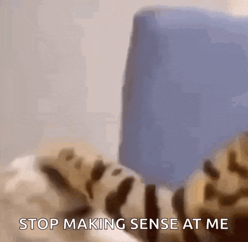 a cat is laying on a bed with the words stop making sense at me on the bottom