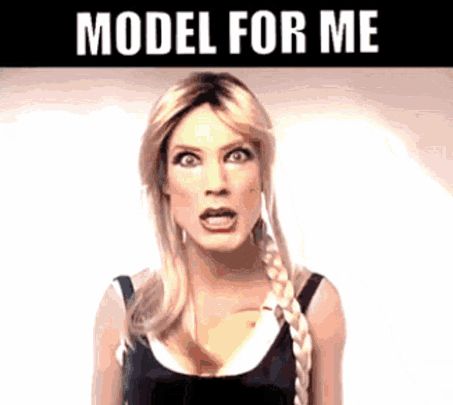 a woman is making a funny face in front of a sign that says " model for me "
