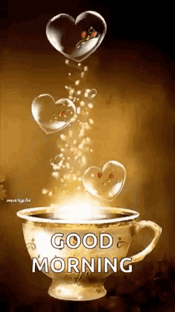 a cup of coffee with hearts falling out of it and the words `` good morning '' .