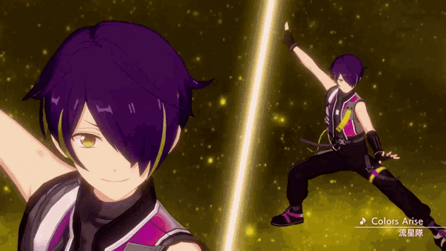 a video game character with purple hair and the name colors arise