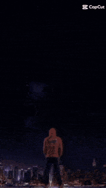 a man in a red hoodie stands in front of a city at night
