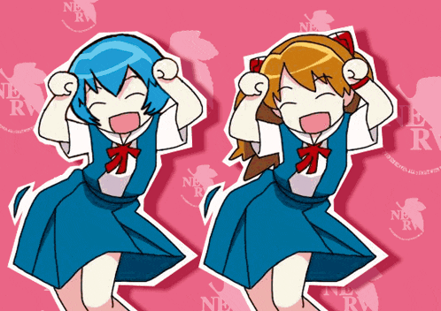 two anime girls are dancing in front of a pink background with the letters ne rw on it