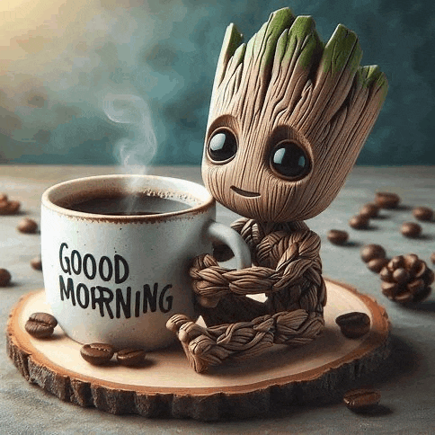 groot is sitting next to a cup of coffee that says good morning .