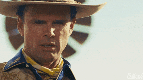 a man wearing a cowboy hat and a blue scarf with the word fallout on the bottom