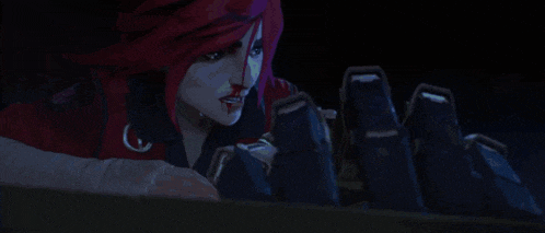 a woman with red hair and blood on her face is looking at a bunch of boxes in a dark room .
