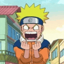 a cartoon character named naruto is making a funny face while standing in front of buildings .