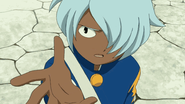 a cartoon character with blue hair and a yellow lightning bolt on his sleeve