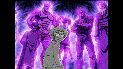 a group of purple cartoon characters are standing around a boy .