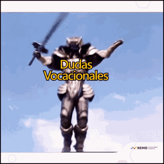 a picture of a robot holding a sword with the words dudas vocationales on the bottom
