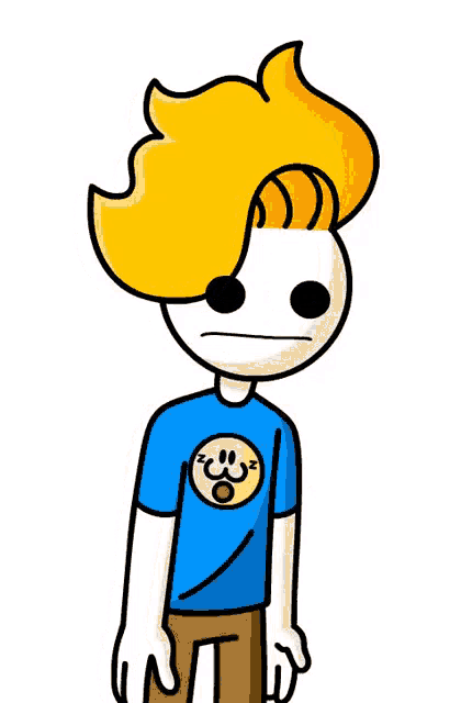 a cartoon character with blonde hair and a smiley face on his shirt is standing on a white background .