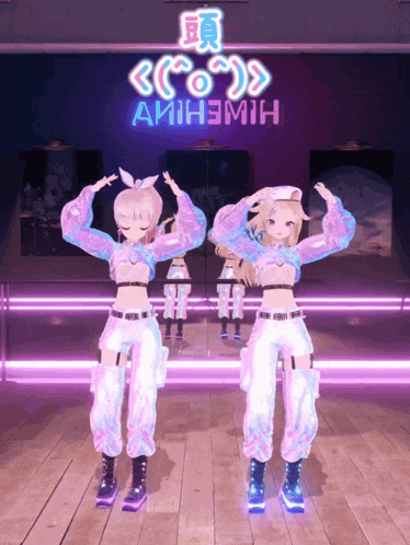 two anime girls are dancing in front of a neon sign that says ' aih3mh '