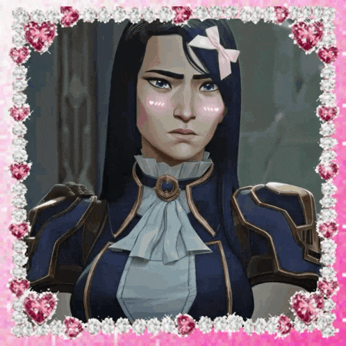 a woman with a bow on her hair is in a pink frame