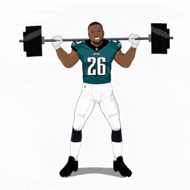 a drawing of a football player lifting a barbell with the number 26 on his jersey