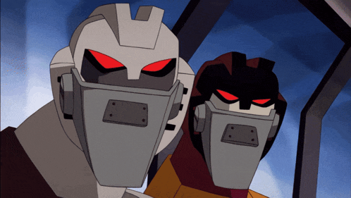 two cartoon characters wearing masks with red eyes are looking at the camera