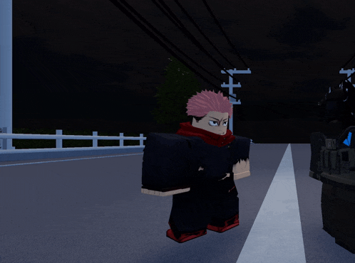 a cartoon character with pink hair is standing on the street