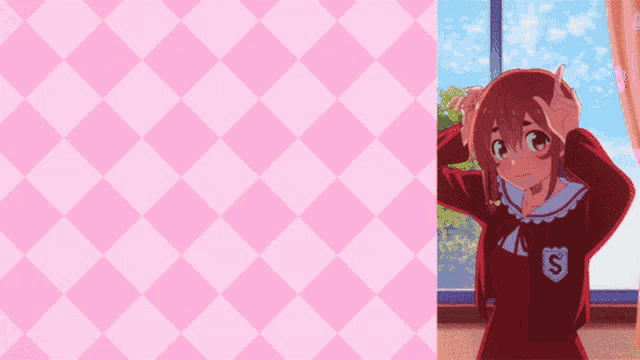 a girl in a red dress with the letter s on her jacket